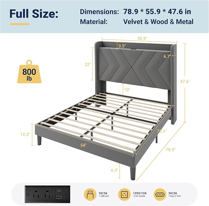 Allewie Full Size Platform Bed Frame with Charging Station and Storage Shelf/Upholstered Velvet Wingback Headboard/Wooden Slats Support/No Box Spring Needed/Easy Assembly, Grey