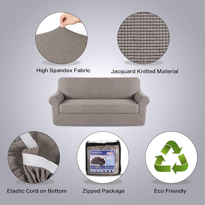 H.VERSAILTEX High Stretch Sofa Cover 2 Pieces Couch Covers Stylish Furniture Cover/Protector Soft with Spandex Jacquard Checked Pattern Fabric Suit for T Cushion/Box Cushion (Sofa 72"-88", Taupe)