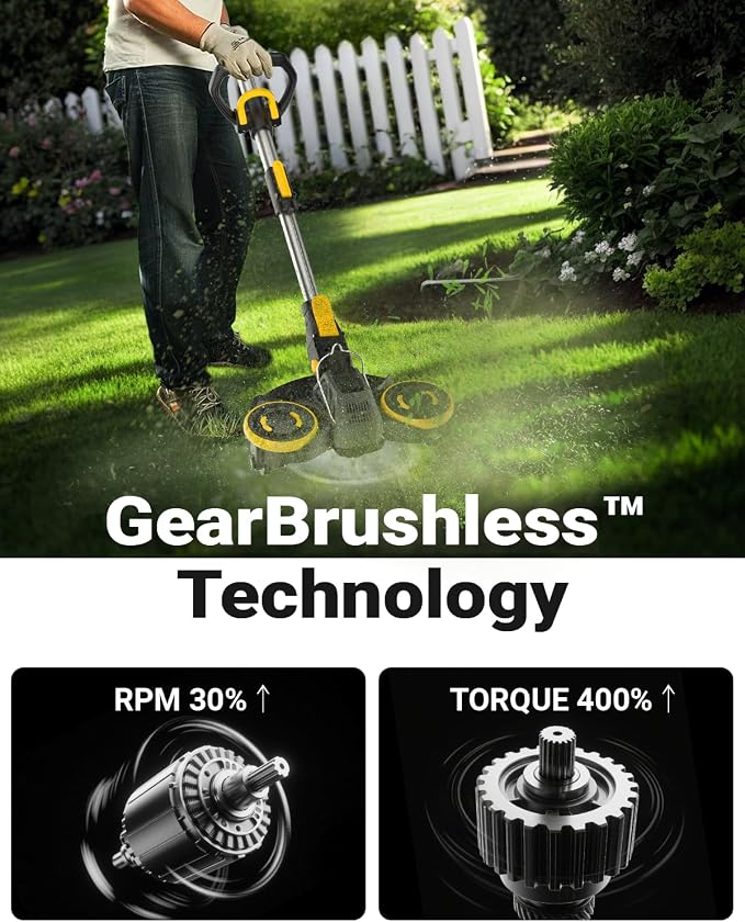 Brushless Cordless Weed Wacker, 4820 Gear Brushless Motor 20V Battery Powered Weed Eater, 3-in-1 Trimmer/Edger/Lawn Mower (Two Batteries Pack)
