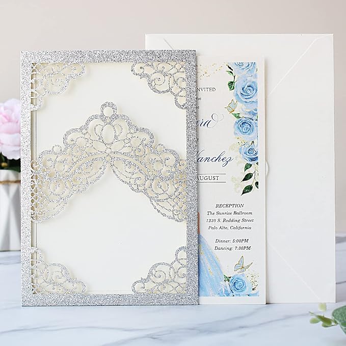 Hosmsua 50PCS Personalized Silver Glitter Quinceanera Invitations Kit 5.1x7.3 Inch Laser Cut Floral Crown Pocket Quinceanera Invitation Cards with Envelopes for Birthday Quince Invitation