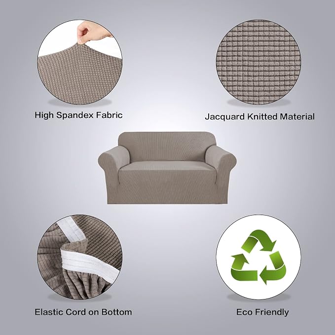 H.VERSAILTEX Stretch Couch Cover Sofa Covers for 2 Cushion Couch 1 Piece Love Seat Covers Washable with Elastic Bottom, Textured Checked Jacquard Fabric (Loveseat 58"-70" Wide, Taupe)