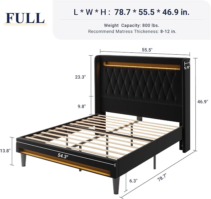 Allewie Full Size Upholstered Bed Frame with LED & Charging Station, Black | Customizable LED lights, charging station, tufted wingback headboard, noise-reducing support, and no box spring needed.