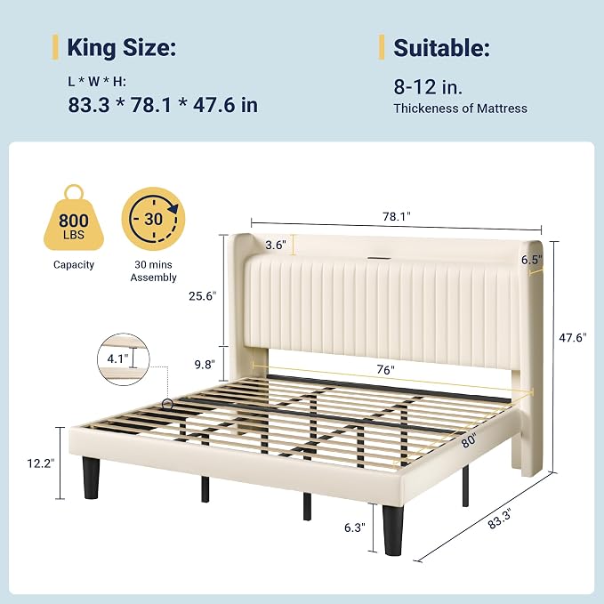 Allewie King Size Platform Bed Frame with USB Charging Station and Storage Shelf/Upholstered Velvet Wingback Headboard/Wooden Slats Support/No Box Spring Needed/Easy Assembly, Cream