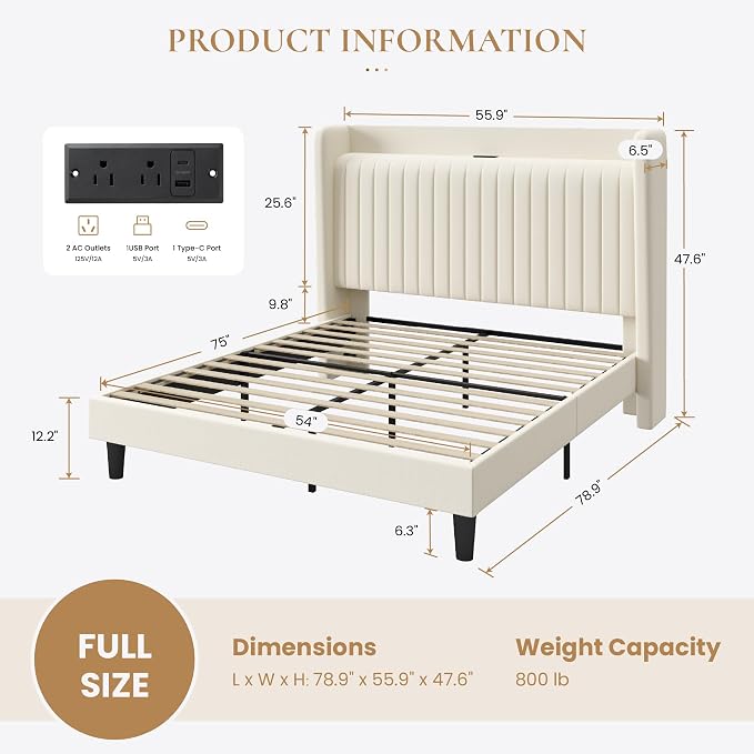 SHA CERLIN Full Size Velvet Bed Frame with Shelf, Charging Station, Cream | Wingback Storage Headboard, Upholstered Platform Bed, Wooden Slats Support, No Box Spring Needed, Easy Assembly, Noise Free