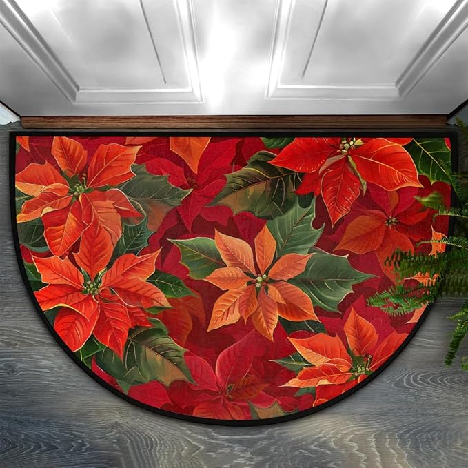 Christmas Doormat, Christmas Poinsettia Non-Slip Half Round Door Mat 24x36 Welcome Mats for Front Door, Area Rug Decorative Floor Mat for Indoor Outdoor Kitchen Entryway Low Profile