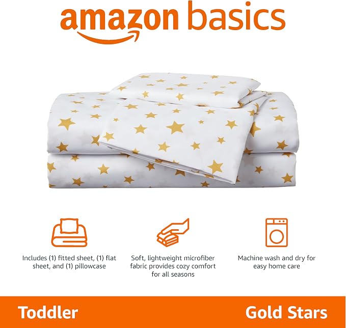 Amazon Basics Kid's Soft Easy-Wash Lightweight Microfiber 3-Piece Sheet Set, Toddler, Multi Color, Starry Stars