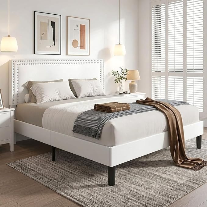 VECELO King Bed Frame with Rivet-Tufted Headboard & Footboard, Upholstered Platform Bed with Wood Slats Support, No Box Spring Needed, Noise-Free, Easy Assembly, White