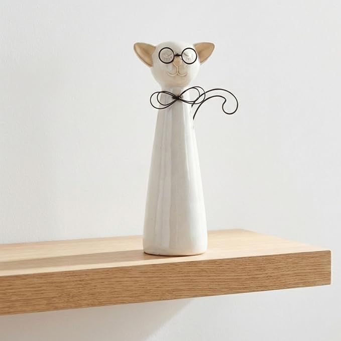Decorative Ceramic Cat with Glasses Figurine for Home Decor - Ornaments Accent for Bathroom, Office Desk, and Shelf Display - Statue for Living Room and Coffee Table Styling - 8", White