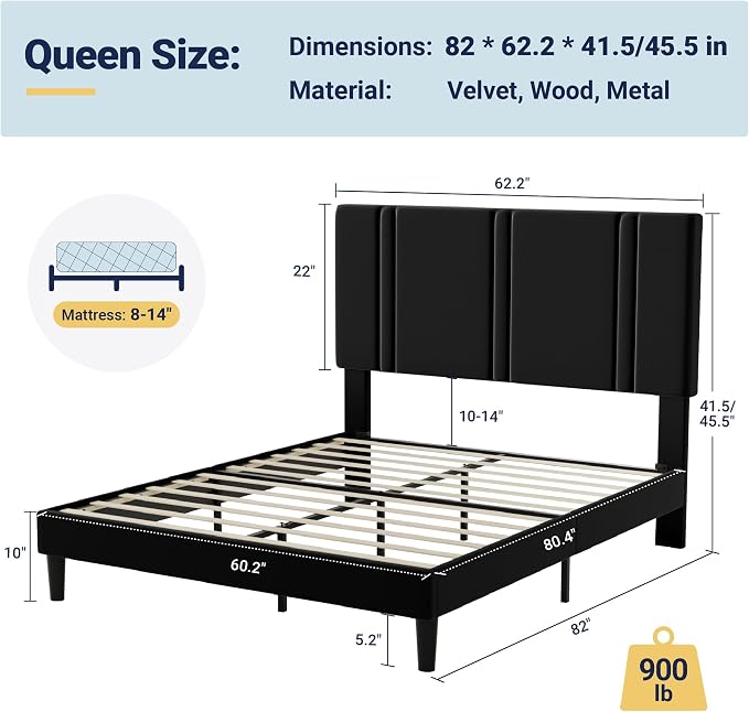 Allewie Queen Platform Bed Frame with Adjustable Headboard | Plush Velvet Upholstered, Vertical Channel Tufted, Sturdy Wood Slats, No Box Spring Needed, Easy Assembly, Black