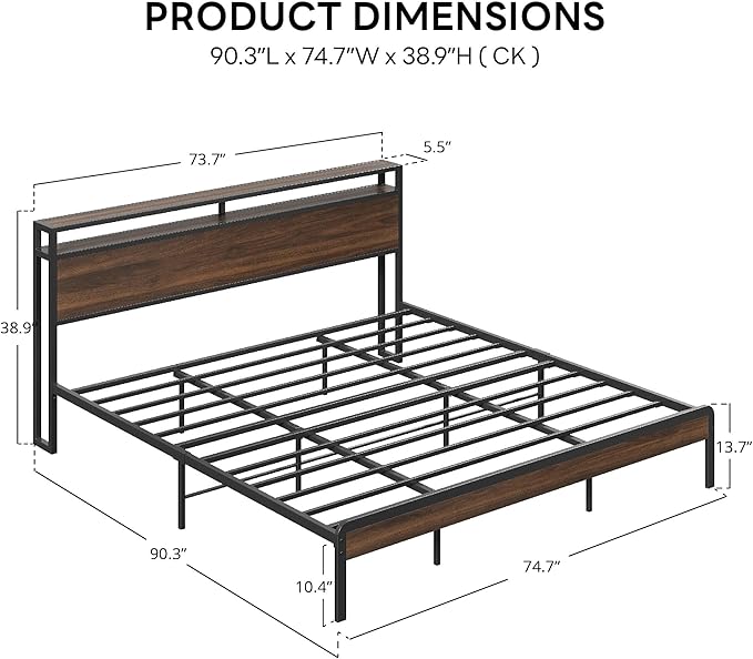 LIKIMIO California King Bed Frames with 2-Tier Storage Shelf Headboard | Dark Wood Platform Bed, Camas California King with Strong Metal Support, Sturdy, Noise-Free, No Box Spring Needed,Dark Walnut