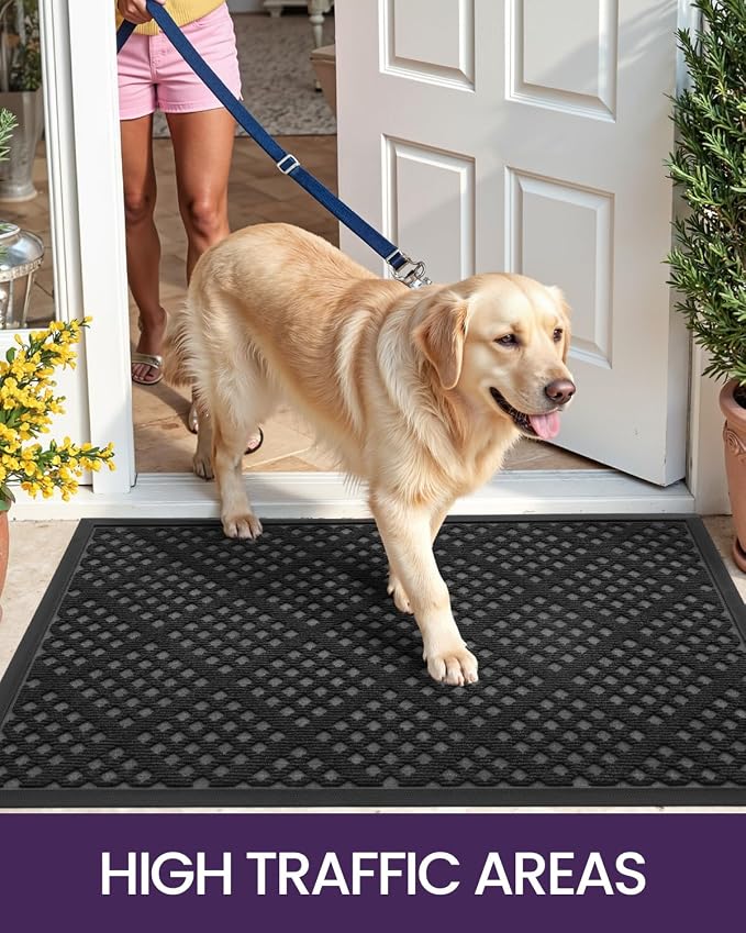 DEXI Front Door Mat Outside Entrance, 3x5 Heavy Duty Entry Doormat Dirt Trapper with Rubber Back, Non Slip Low Profile Floor Mats for Entryway Exterior Patio, Rhombic Black
