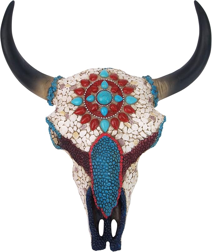 Design Toscano Mystic Plains Warrior Faux Gem Encrusted Cow Skull Wall Sculpture: Medium