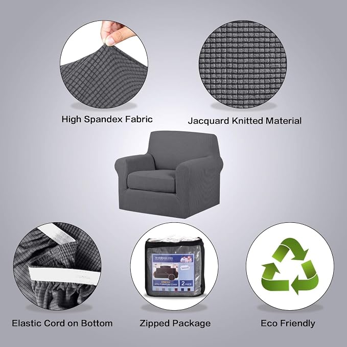 H.VERSAILTEX Stretch Armchair Cover 2 Piece Chair Covers for Living Room Furniture Cover Suit for T Cushion/Box Cushion Spandex Jacquard Fabric Small Checks(Armchair-Oversized, Charcoal Gray)