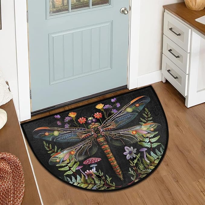 Dragonfly Half Round Doormat Semi Circle Rug Half Moon Rug Entryway Mat | Animal Dragonfly Washable Non Slip Outdoor Floor Rug Kitchen Mat for Indoor Outdoor Bathroom Fireplace Bath Decor