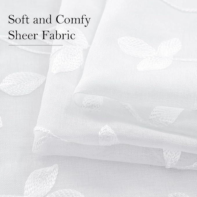 HOMEIDEAS White Sheer Curtains 52 X 63 Inches Length 2 Panels Embroidered Vine - Image 4
