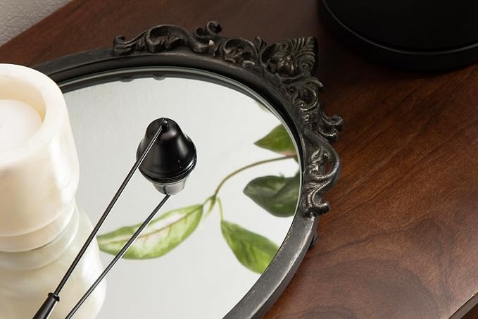 Kate and Laurel Arendahl Vintage Oval Mirrored Decorative Tray; 17 x 10; Antique Black; Traditional Ottoman Tray for Living Room Home Decor with Ornate Detailing