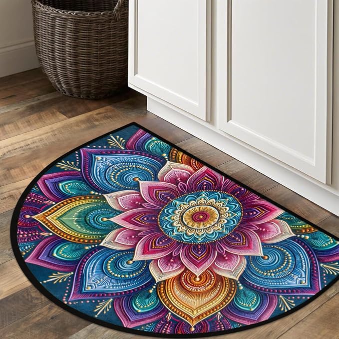 Flower Half Round Door Mat Semi Circle Rug Half Moon Doormat | Soft Washable Colorful Mandala Welcome Entrance Mat for Outdoor Indoor Floor Bedroom Bathroom Home Kitchen Festival Decor