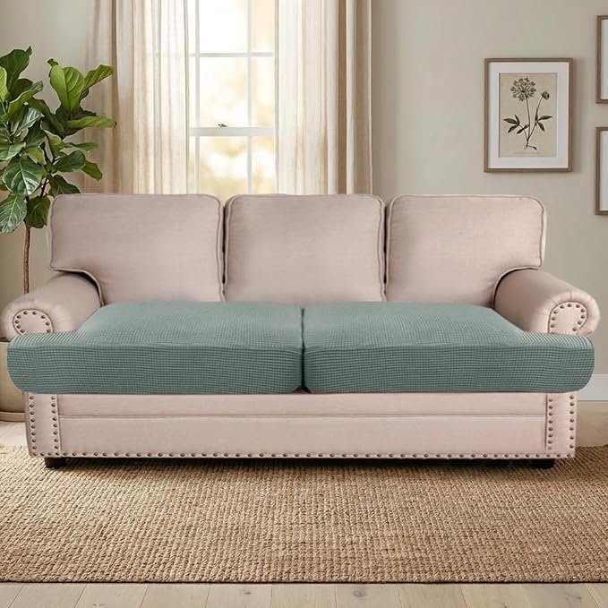 H.VERSAILTEX Stretch 2 Piece T Cushion Sofa Slipcovers Individually Sofa Cushion Covers for 2 Cushion Couch Sofa Seat Cushion Covers with Elastic Bands Featuring Thicker Jacquard Fabric, Sage