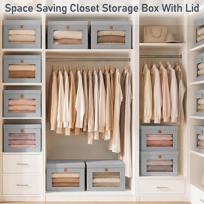 DIMJ Storage Bins with Lids - 5 Pack Front Opening Stackable Fabric Storage Boxes with Clear Window & Handles, Collapsible Closet Organizers for Clothes, Sweaters, Shelf Storage, Bedroom, Gray