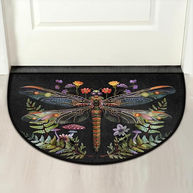 Dragonfly Half Round Doormat Non-Slip Semi Circle Rug Half Moon Mat | Flower Black Leaves Washable Soft Absorbent Indoor Outdoor Entrance Kitchen Bathroom Sink Patio Welcome Fireplace Floor Rug
