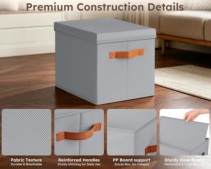Homsorout Storage Bins with Lids - Fabric Storage Baskets for Shelves, 4 Pack Foldable Decorative Boxes with Handles, Stackable Organizer Bins for Home, Nursery, Dorm, Grey