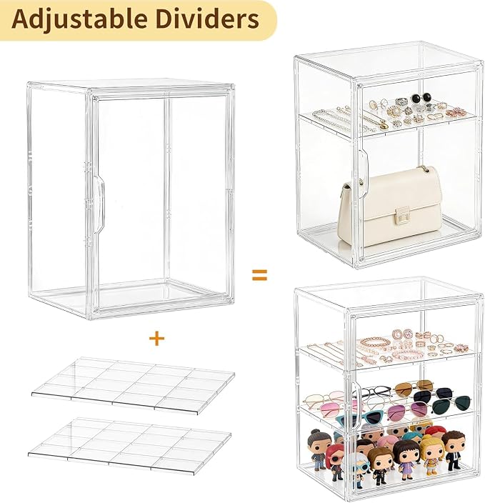 Attelite Acrylic Display Case for Collectibles Adjustable 3-Tiers，1Pack | 3 Adjustable Layers,Tool-free Assembly,Clear Display for Figures, Magnetic Door, Stackable Design,Dustproof