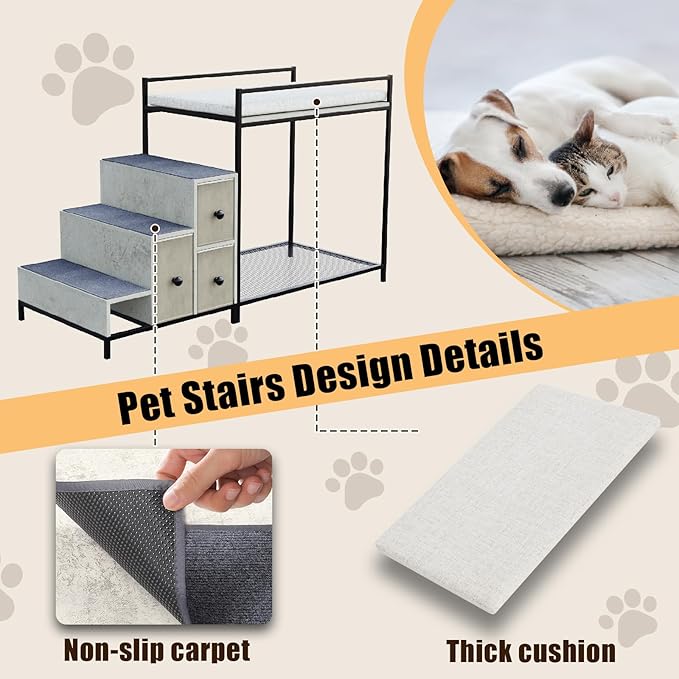 LEMBERI Pet Bunk Bed with Stairs and Storage, Dogs/Cats Window Perch, Bedside Lounge Elevated Dog Bed Multi-Level Platform with Foam Upholstery (Gray)