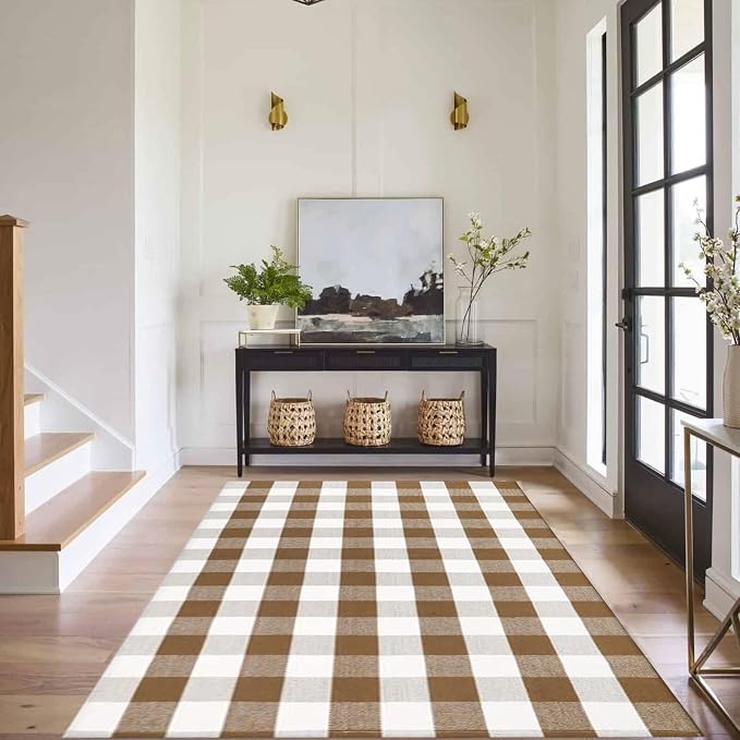 Buffalo Plaid Outdoor Rugs, 4' x 6' Brown and White Checkered Indoor/Outdoor Area Rug, Layering Rug for Hello/Welcome Door Mat, Washable Cotton Woven Farmhouse Mat for Fall Front Porch Décor