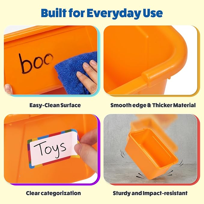 GAMENOTE 6 Quart Plastic Storage Bins Without Lids, 6 Pack, Colorful | Stackable 6-quart bins with lids organize classroom supplies, crafts, toys and building blocks for Classroom & Kids Toy