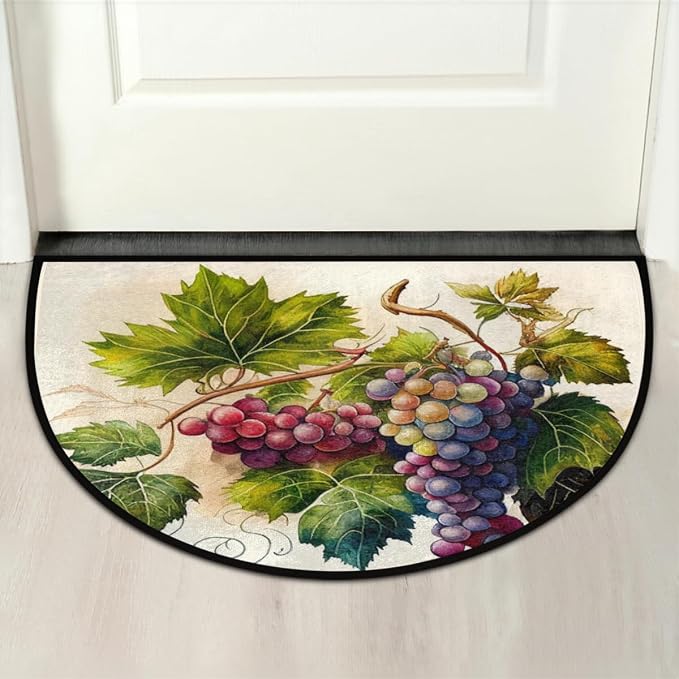 Hand Painting Fruit Grape Half Round Doormat Washable Semi Circle Area Rug Non Slip Absorbent Half Moon Rugs for Indoor Outdoor Kitchen Bathroom Bedroom Living Room Fireplace Floor Carpet Decor