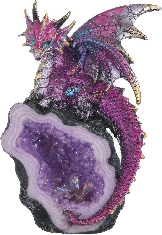 ICE Armor 8" H Purple Dragon with Faux CrystalGuardian of Mystic Geode - A Fantasy Sculpture of Enchanted Majesty
