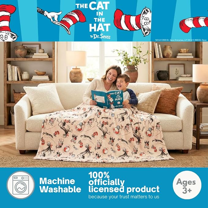 Cat in The Hat by Dr. Seuss Book Throw, Kids Super Soft Plush Cozy Throw Blanket, 60 in x 70 in, (Officially Licensed Product) by Franco