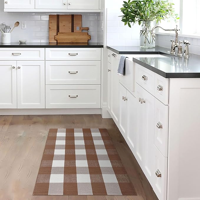 KILOCOCO Buffalo Plaid Checkered Rug 27.5x43 in Brown White Front Door Rug | Cotton Woven Outdoor Rug, Machine Washable Front Door Mat, Indoor Entryway Rug, Low Pile Welcome Mats for Farmhouse