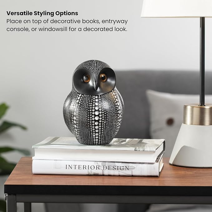 Torre & Tagus 6" Dotted Black Owl Decor - Burrowing Owl Statue with White Dots for Home Decor, Cute Bird Figurine as Tabletop Sculpture on Book Shelf, TV Console, Fireplace or Wedding Gift (Debossed)