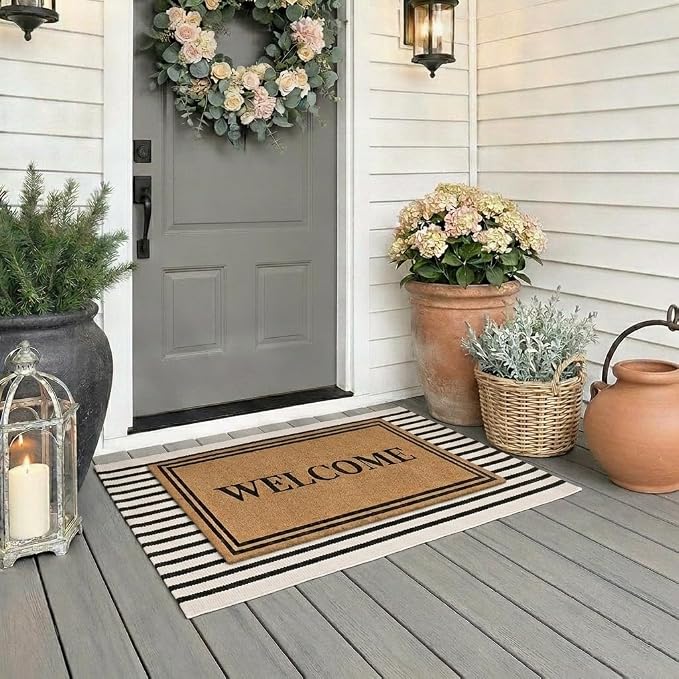 LEEVAN Black and White Striped Rug Doormat 2x3 Washable Front Porch Rug Farmhouse Layered Door Mats Outdoor Cotton Hand Woven Throw Carpet for Entryway/Front Steps/Bathroom/Home Entrance