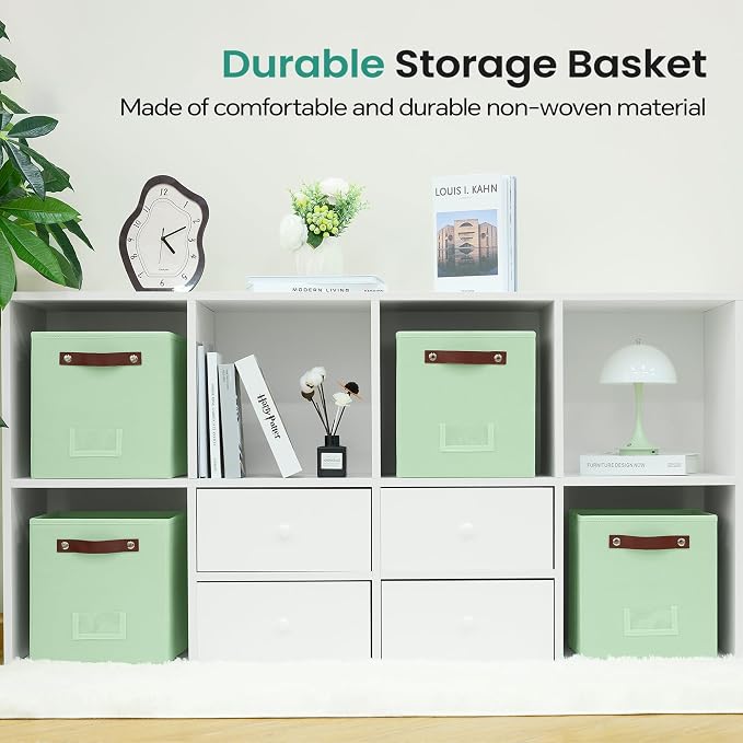 FinishingBo 10.5" x 11" Storage Bins with Labels 6 Pack | PU Leather Handles, Foldable Storage Cubes, Storage Baskets, Closet Storage, Green