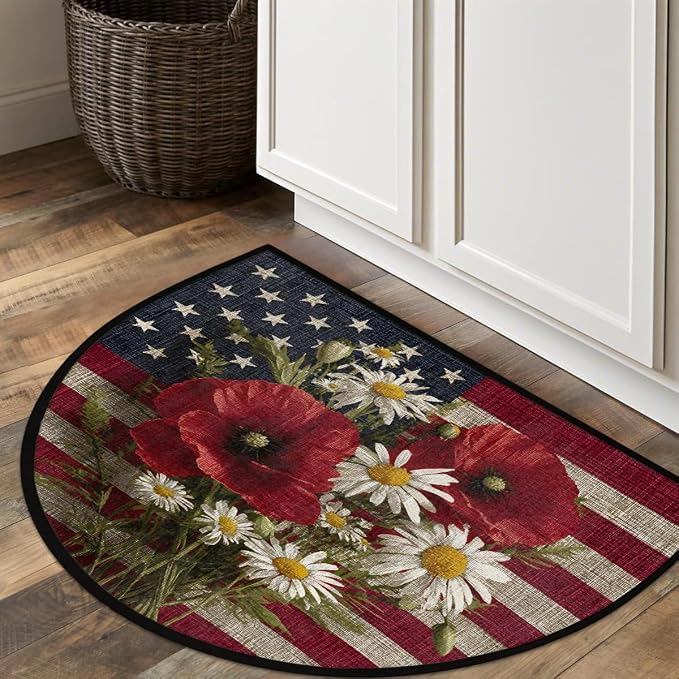 Poppy Flag Half Round Door Mat Non-Slip Semi Circle Rug Half Moon Doormat | Poppy American Flag Soft Washable Welcome Entrance Mat for Outdoor Indoor Floor Bedroom Bathroom Home Kitchen Festival Decor