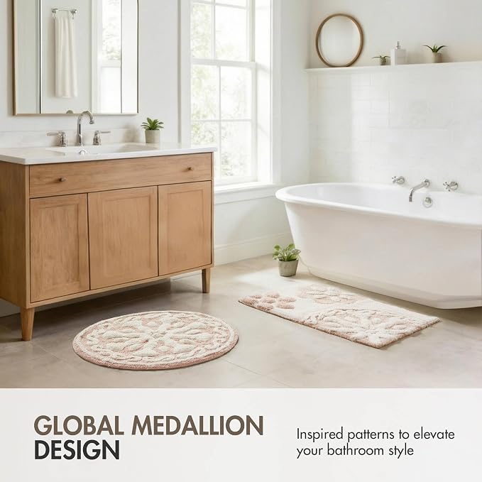 Madison Park Casablanca Tufted Cotton Bath Rug Non-Slip, Round 25", Pink | Luxurious Plush Bath Mat, Quick Dry, Soft, Machine Washable, Floral Pattern, Absorbent, Plush, OEKO-TEX, for Bathroom