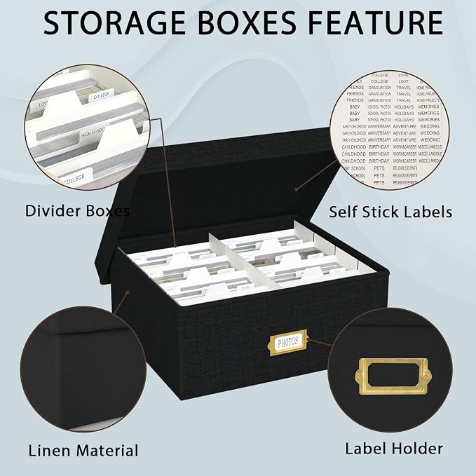 Decorative Photo Storage Box, 2 Pack Linen Photo Box Hold 1700 4x6 Pictures | Photo Storage Containers with 8 Dividers, Memory Keepsake Organizer for Photos, Scrapbook Supplies, Cards, Stamps, Black