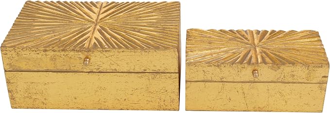 CosmoLiving by Cosmopolitan Wood Geometric Decorative Box Decorative Keepsake Boxes with Hinged Lid, Set of 2 Storage Boxes 10", 8"W, Gold
