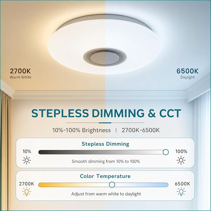 Premium Ceiling Lights with Bluetooth Speaker 19.7-inch 36W, Dimmable 95-265V Modern Smart Home Party Light, Brightness and Music via Phone APP (Remote Includes)