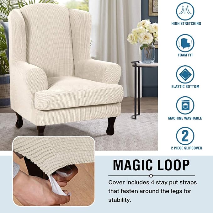 H.VERSAILTEX 2 Piece Stretch Jacquard Wingback Chair Covers Slipcovers Wing Chair Covers (Base Cover Plus Seat Cushion Cover) Furniture Covers Form Fitted Thick Soft, Biscotti Beige