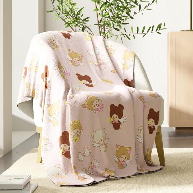 Monchhichi Kawaii Bedding Throw – Soft Plush Cozy Nostalgic Character Blanket with Bunny & Bear Design, 50 in x 70 in, (Officially Licensed Product) by Franco Collectibles