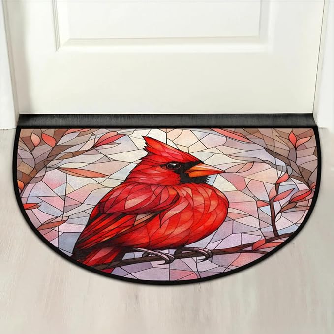 Half Round Door Mat Indoor,Cardinal Bird Glass Painting Non-Slip Entrance Welcome Mats for Bedroom Semi Circle Bathroom Floor Rugs House Entry Way Area Heavy Duty Doormat for Living Room 36x24 In
