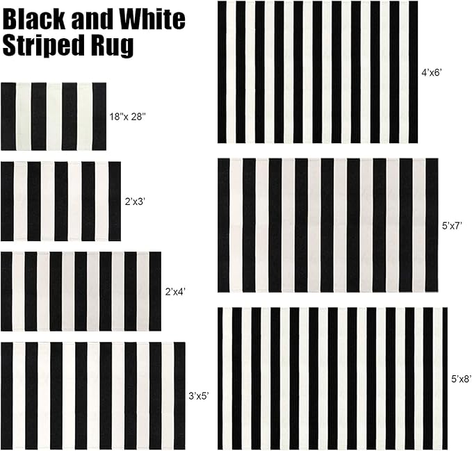 LEEVAN Black and White Outdoor Rug 3X5, Cotton Washable Striped Patio Rugs Hand Woven Front Door Mat, Reversible Entryway Rug Farmhouse Black Floor Carpet for Balcony/Courtyard/Entrance