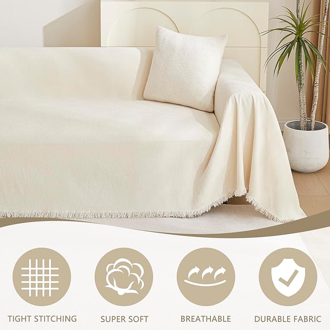 MYSKY HOME Loveseat Cover Beige Couch Cover Sectional Couch Covers for 2 Cushion Couch Sofa Thick Universal Chenille Sofa Cover with Tassel Durable Furniture Protector for Dogs 91" x 118"