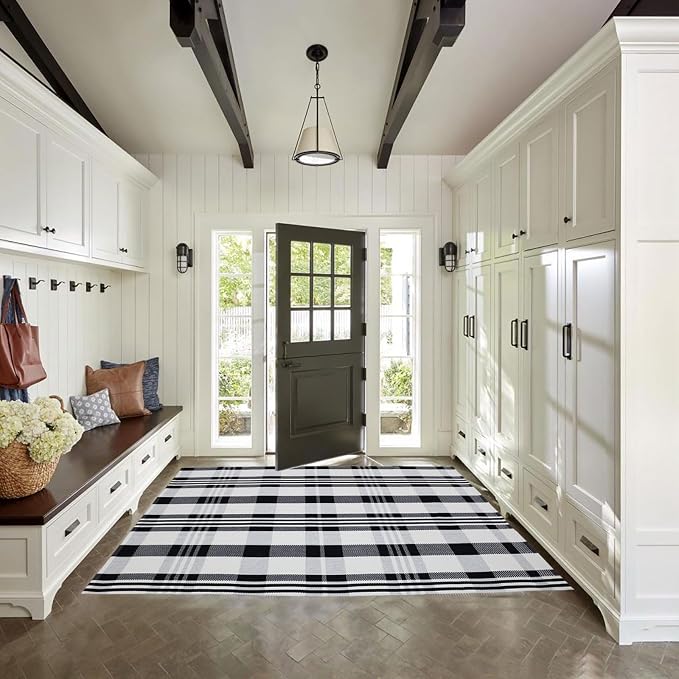 Fall Décor Plaid Rug, 4' x 6' Black&White Check Indoor/Outdoor Area Rug, Layering Rug for Hello/Welcome Door Mat, Machine Washable Cotton Woven Rugs for Farmhouse Front Porch, Entryway