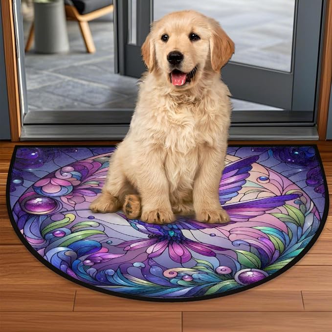 Purple Hummingbird Half Round Door Mat Semi Circle Rug Half Moon Doormat | Purple Hummingbird Soft Washable Welcome Entrance Mat for Outdoor Indoor Floor Bedroom Bathroom Home Kitchen Festival Decor