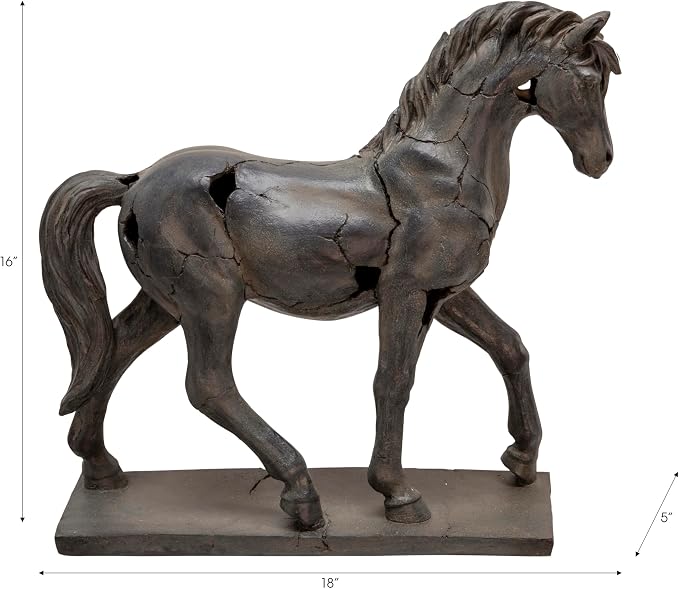Polyresin Horse Sculpture Statue – Decorative Room Decor Accent, Mantel, Shelf, or Console Placement, Rustic Art Home Decor With Sculptural Movement – 18"x 5"x 16", Brown