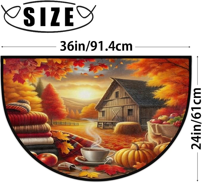 Fall Half Round Doormat Non-Slip Semi Circle Rug Half Moon Mat | Pumpkin Farm Maple Washable Soft Absorbent Indoor Outdoor Entrance Kitchen Bathroom Sink Patio Welcome Fireplace Floor Rug